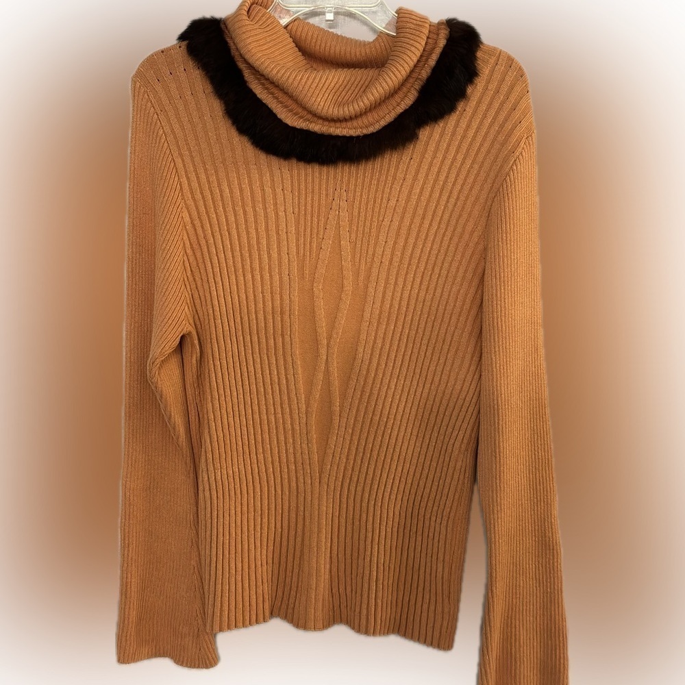 Bianca Nygard Orange LS Sweater w/Cowl Neck trimmed in brown fur size L petite